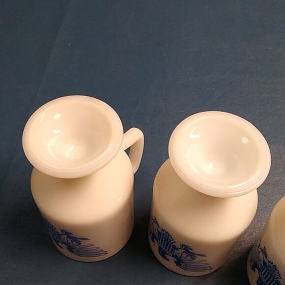 Milk Glass White and Blue Drinkware Set with Pedestal Design - Picture 5 of 8